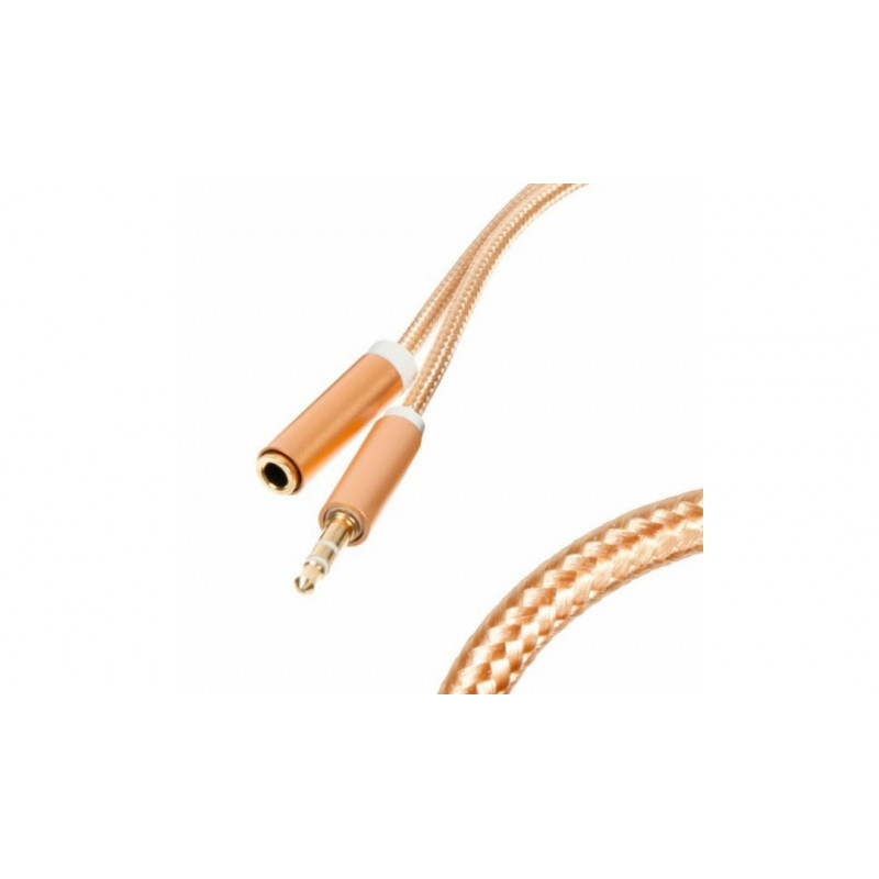 AUX удлинитель для передачи аудио / Mini-jack 3.5 mm. / 2 Pin / Тканевый / 2 метра / Золотой