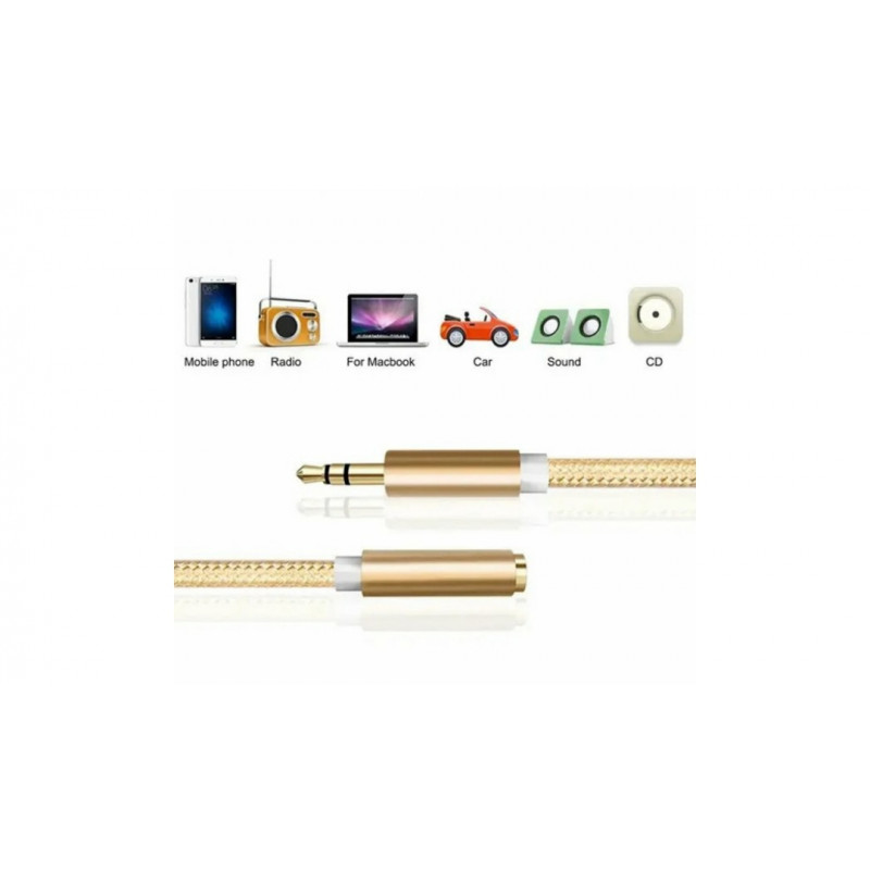 AUX удлинитель для передачи аудио / Mini-jack 3.5 mm. / 2 Pin / Тканевый / 2 метра / Золотой