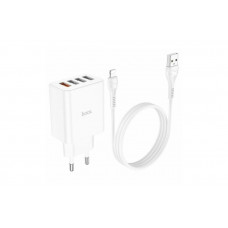 Блок живлення hoco. C102A з кабелем (Lightning) для Iphone / 4 USB / 28.5 Ват / Швидка зарядка Quick Charge 3.0 / Білий