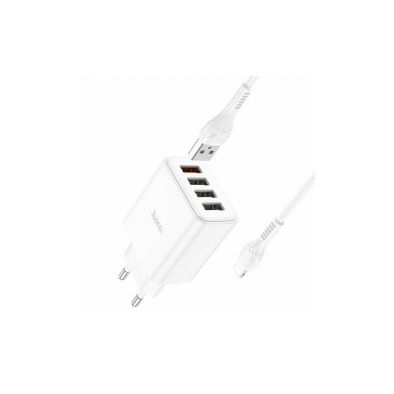 Блок питания hoco. C102A с кабелем (Lightning) для Iphone / 4 USB / 28.5 Ватт / Быстрая зарядка Quick Charge 3