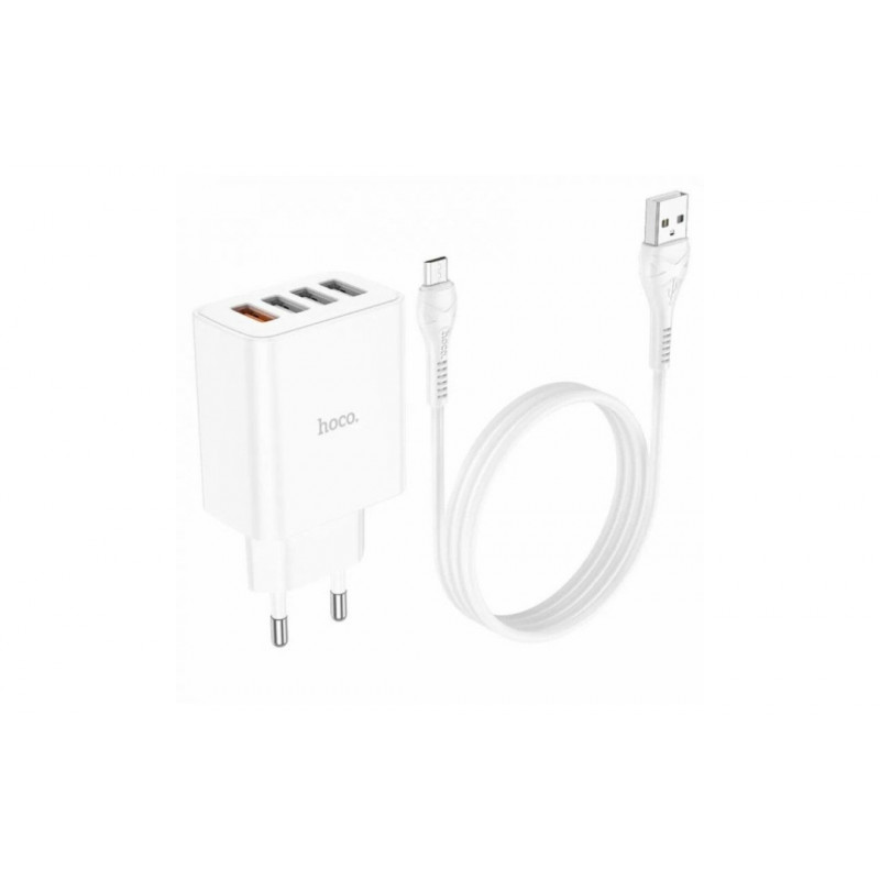 Блок питания hoco. C102A с кабелем Micro-USB / 4 USB / 28.5 Ватт / Быстрая зарядка Quick Charge 3.0 / Белый