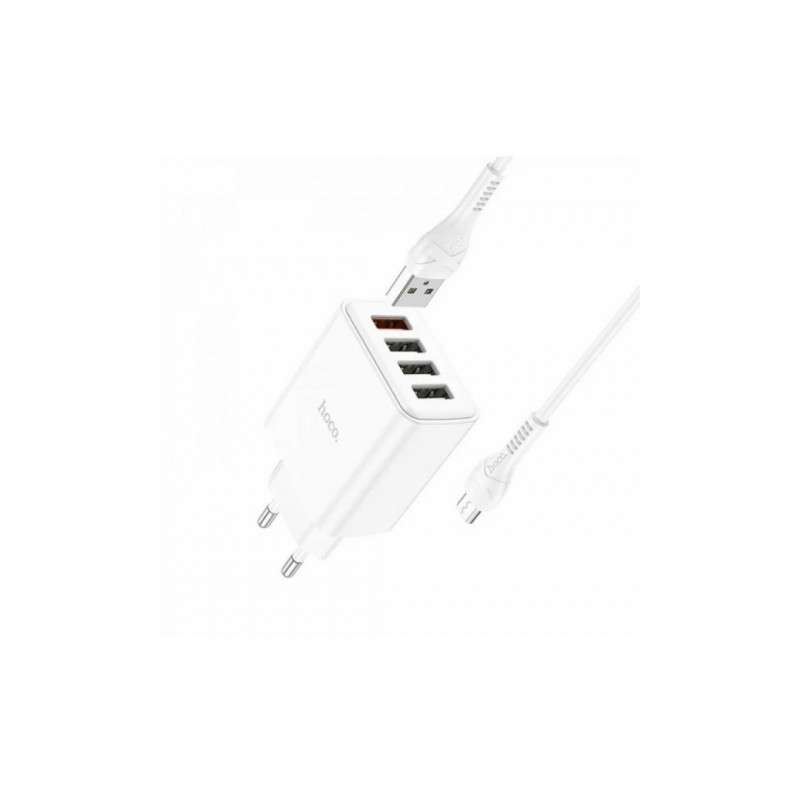 Блок питания hoco. C102A с кабелем Micro-USB / 4 USB / 28.5 Ватт / Быстрая зарядка Quick Charge 3.0 / Белый