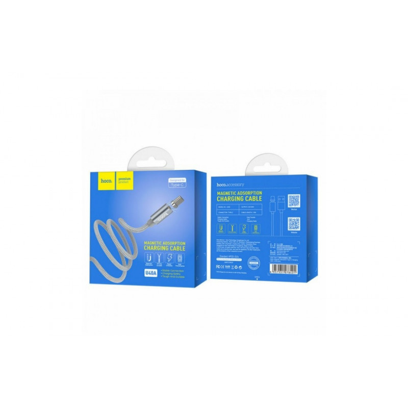Магнітний кабель Hoco U40A / Type-C - USB / 3 Ампера / 100 см. / Сірий