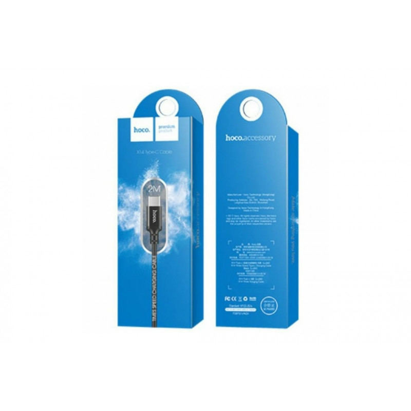 Кабель Hoco. X14 /  Type-C - USB / Нейлонове сплетіння / 3 ампера / 2 метра / Чорний