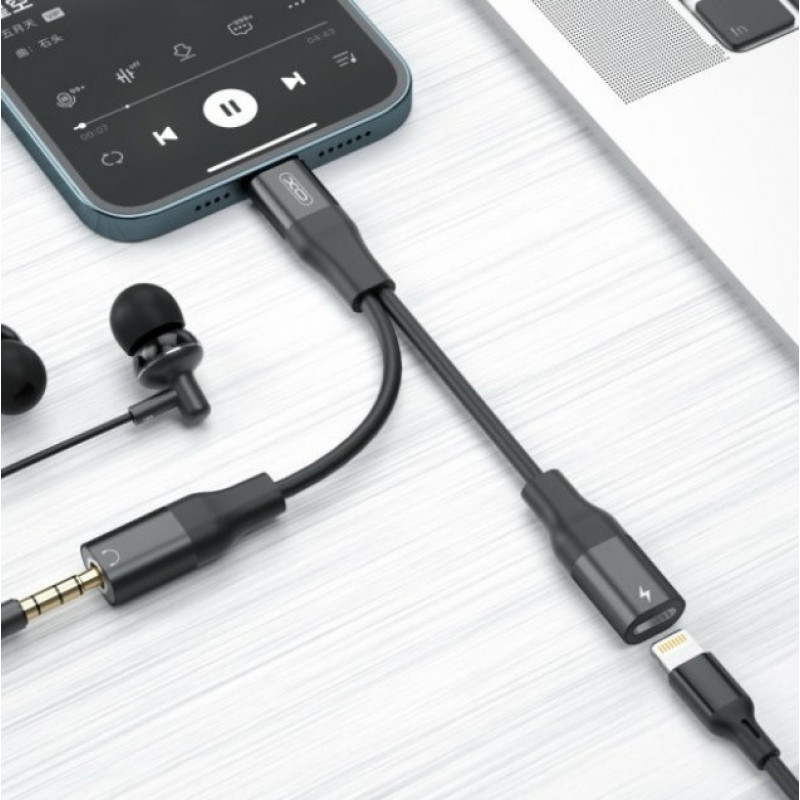 Перехідник XO-NB181B (роздвоювач 2в1) з Lightning (Iphone) на Lightning і аудіо Mini jack 3.5 mm. / Чорний