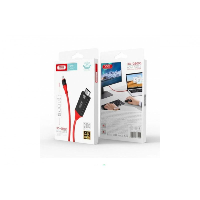 Кабель XO-GB005 / Type-C - HDMI / 4K / 30Hz / 2 метра / Красный