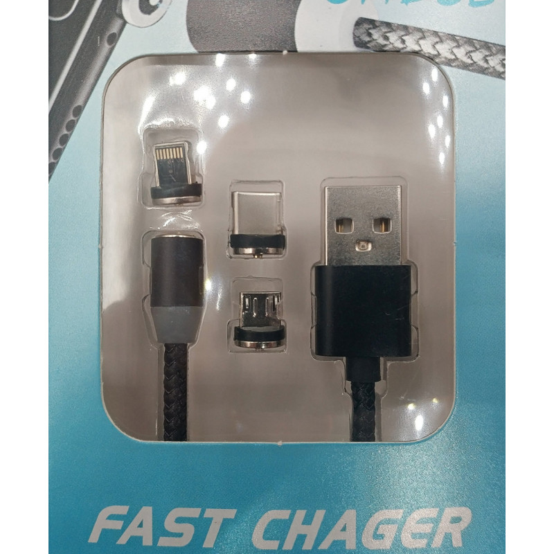Магнітний кабель M3 3в1  Micro, Type-C, Lightning- USB / Круглий 360 Градусів / 100 см. / Чорний