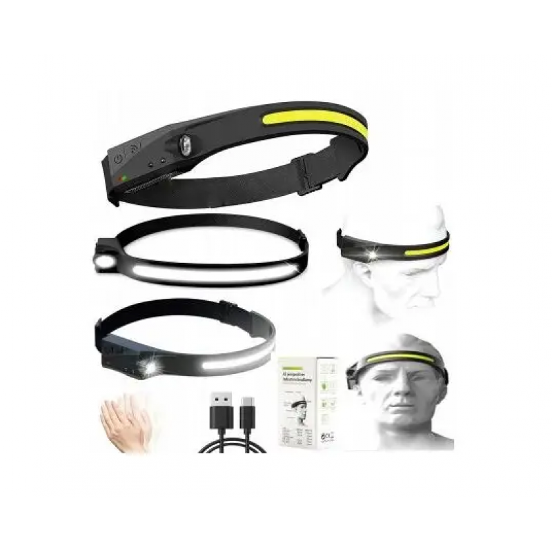 Налобный фонарь LED+COB с датчиком движения / Type-C USB / Черный