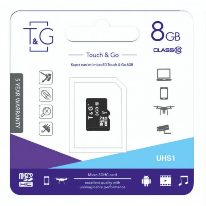 Картка пам'яті "T&G" Micro SDHC 8 гб 10 Class  / Чорний