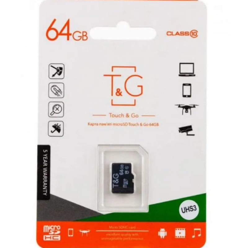 Картка пам'яті "T&G" Micro SDHC 64 гб 10 Class / Чорний