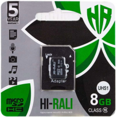 Картка пам'яті "Hi-Rali" microSDHC 8 гб +АДАПТЕР / 10 Class / Чорний