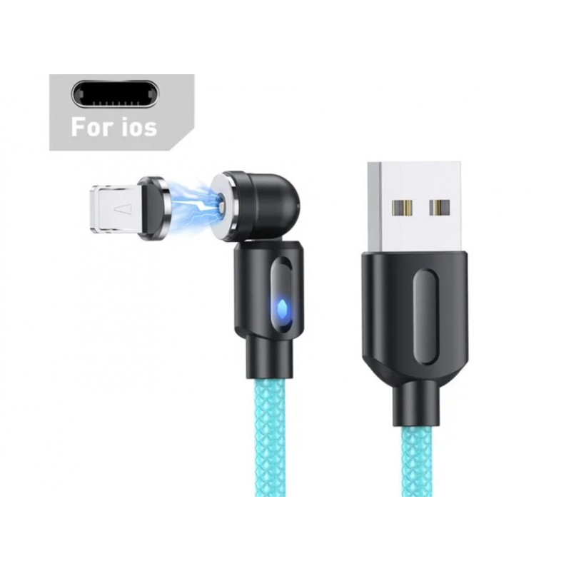 Магнітний кабель USLION 2 в 1 / Lightning (Iphone) - USB / 540 градусів / Круглий / 100 см. / Блакитний