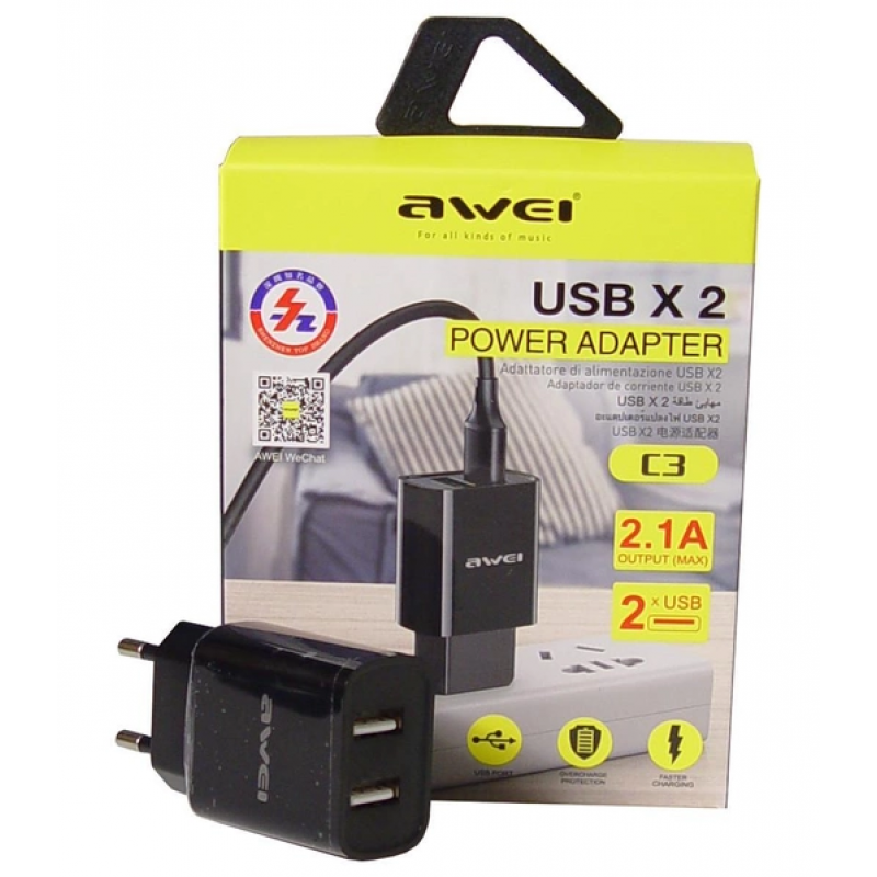 Блок живлення Awei C3 / Адаптер AWEI 2 USB / швидка зарядка (7658) / Чорний