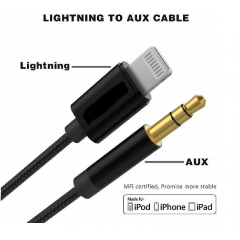 Перехідник кабель з Lightning на AUX аудіо 3.5 mm. / Нейлон / 1 метр /  Чорний