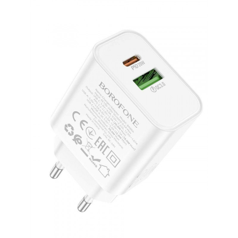 Блок живлення Borofone A88A \ Швидка зарядка 3.0 USB (18W) + Type C (PD 20W) \ Білий