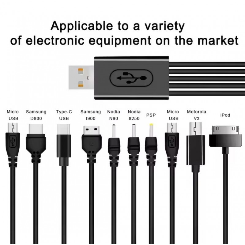 Кабель 10в1 для зарядки телефонів MicroUSB / Lightning / Iphone 3 / Type-c / NOKIA (2мм. 3.5мм) Mini USB та інші / Чорний