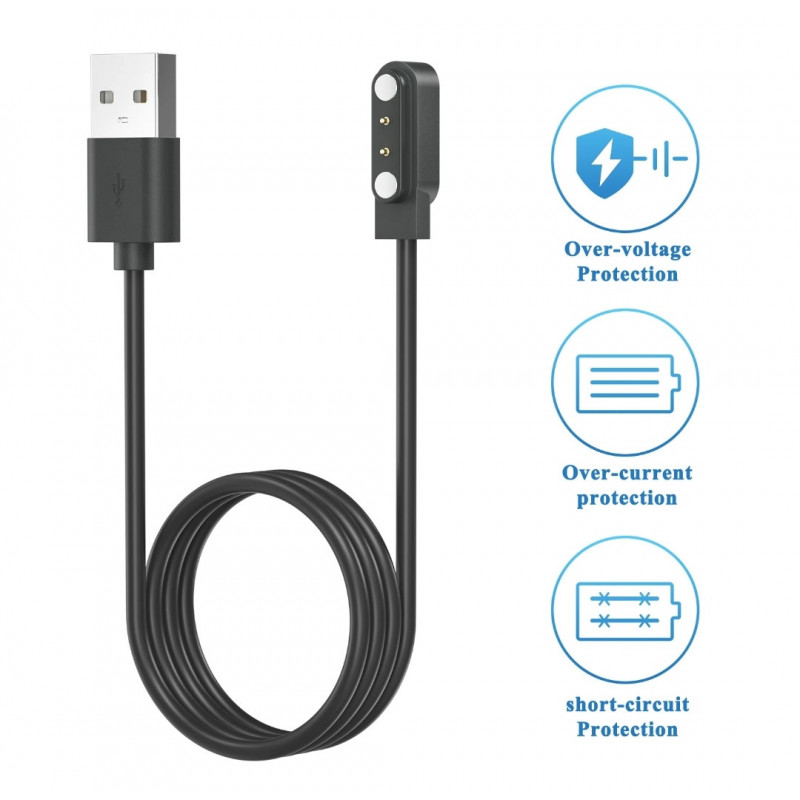 Магнітний USB кабель для смарт-годинників на 2 конектора / 4 mm./ 80 см. / Чорний